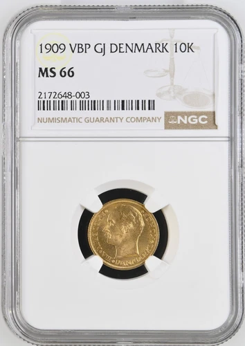 MS66 NGC Verified 1909 VBP  Gold Coin of Denmark,  10 Kroner