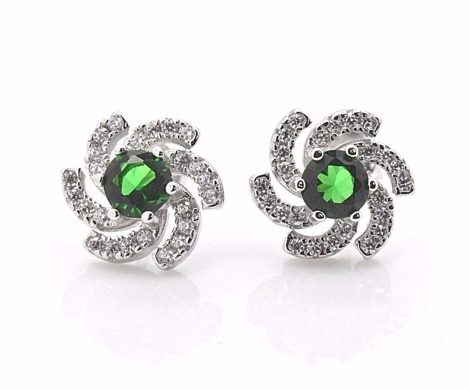 925 Sterling Silver Flower Simulated Green Emerald Halo Pave Post Stud Earrings - Image 2 of 4