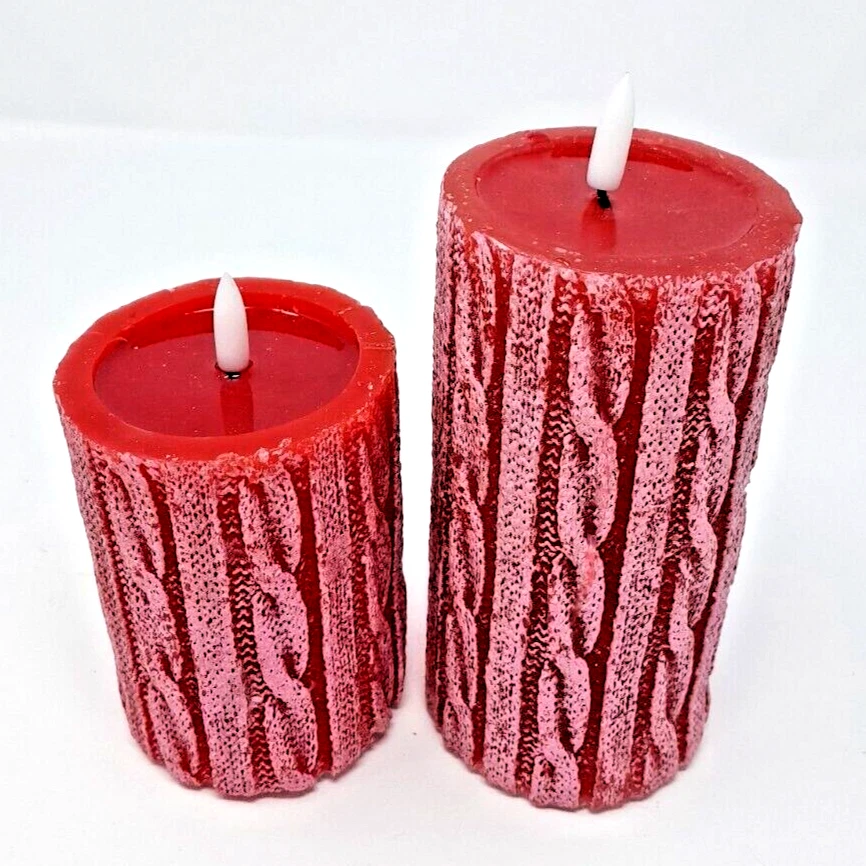 NUEVO Dos velas de pilar temporizador LED de cera tejida roja (1 - 3"x4" + 1 - 3"x6") de Ashland Foto 2 de 4