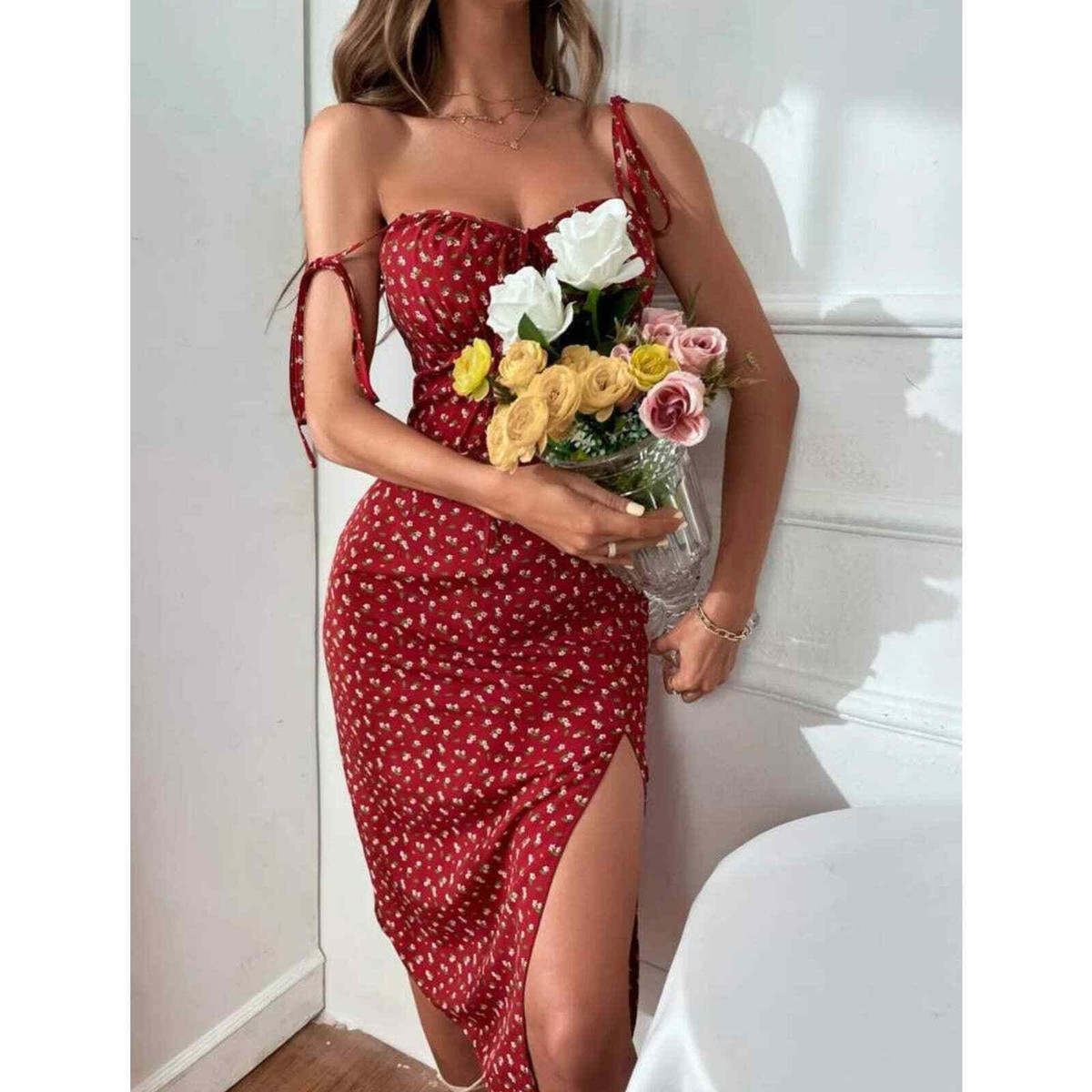 red floral cami dress Frenchy Ditsy Floral Tie Shoulder Split Thigh Cami Dress