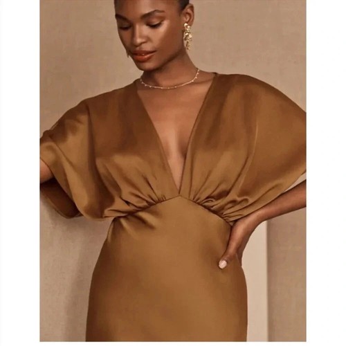 NWT Anthropologie BHLDN Leila Deep V Satin Gown Maxi Dress in Rust Brown Size 4 - Picture 3 of 15