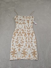 Lovely Day Dress Womens Small Tan White Sequin Print Body Con Cocktail Party