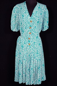 RARE-PLUS-SIZE-FRENCH-VINTAGE-1940-039-S-POLKA-DOT-TURQUOISE-PRINT-SILKY-RAYON-DRESS