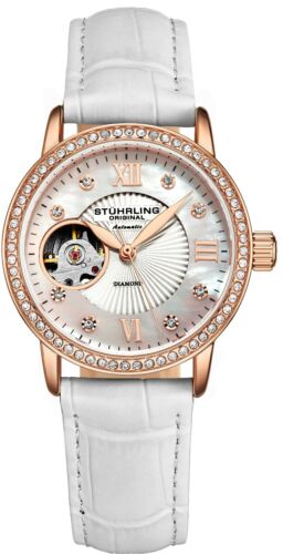 Stuhrling Ladies Automatic Rose/Gold Crystal Studded Bezel Mother of Pearl Dial 