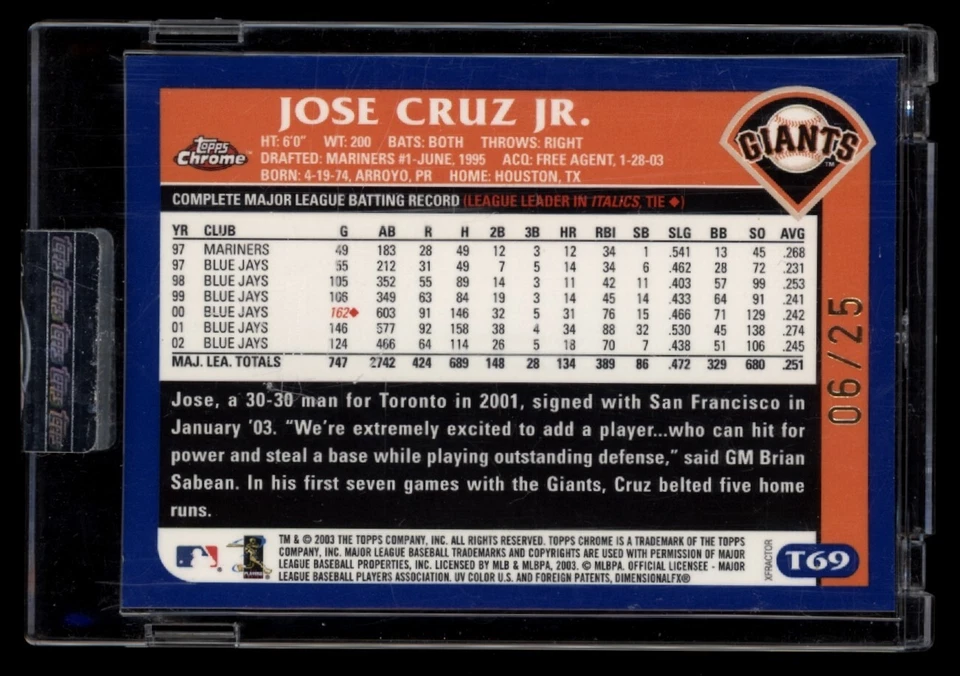 JOSE CRUZ JR 2003 Topps Chrome Traded Uncirculated X-Fractor #T69 6/25 - Image 2 of 2