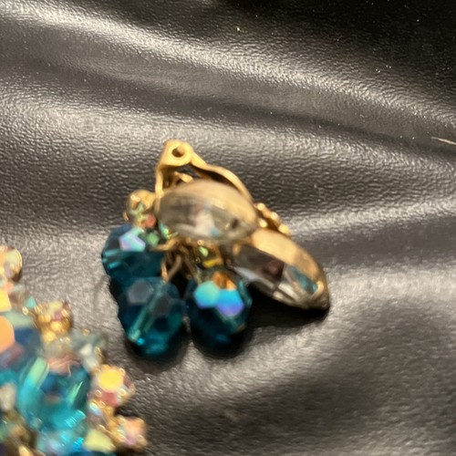 Vintage Brosche und Ohrringe Set Aqua Blau Eis Strass Clip On - Bild 5 von 13