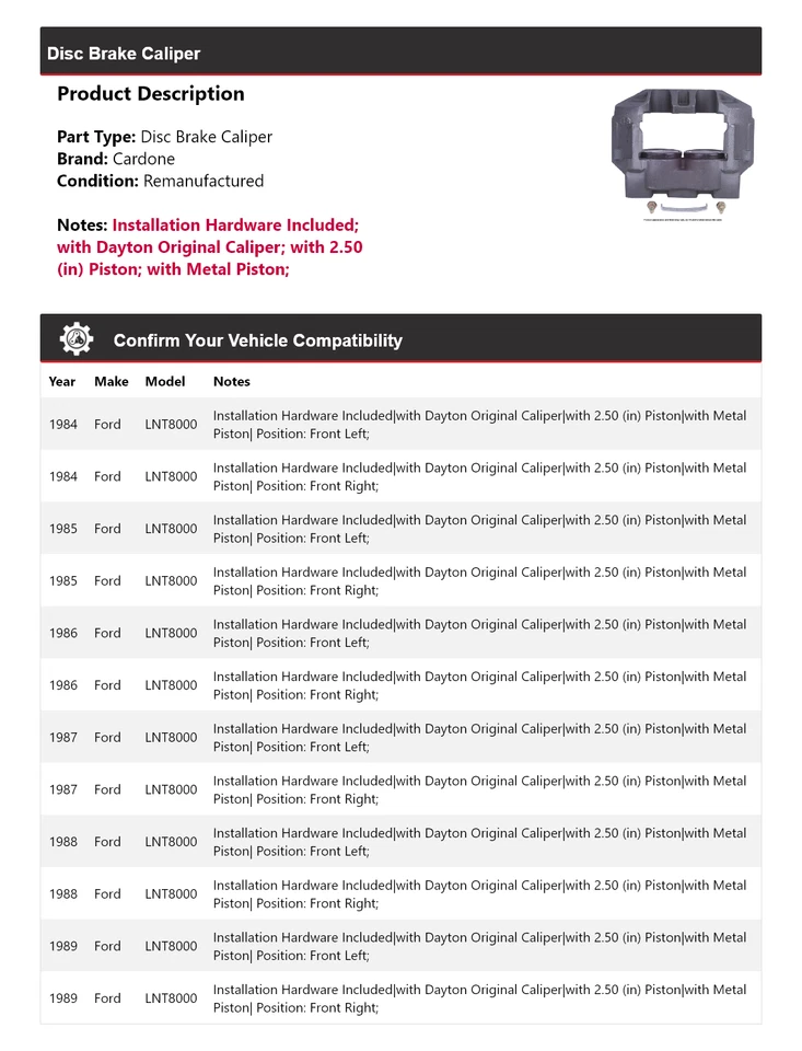 For 1984-1989 Ford LNT8000 Disc Brake Caliper Cardone 1985 1986 1987 1988 - Image 2 of 4