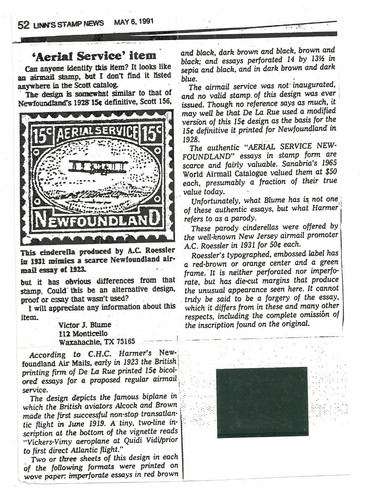 Newfoundland 1922 Airmail Essay Forgery by Roessler sold by Tatham, Very Fine - Picture 3 of 3
