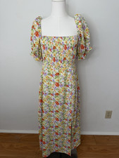 ASTR The Label Floral Smocked Puff Sleeve Square Neck Midi Dress A-Line M