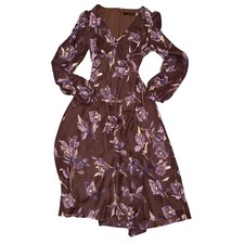 Lauren Ralph Lauren Dress Womens 2 Brown Purple Floral V-Neck Long Sleeve Midi
