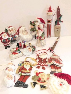 Mixed Lot Of 17 Vintage Christmas Santa Claus Ornaments Glass Metal Wood Etc