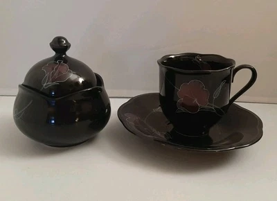 Lot Mikasa Rondo EJ 702 Tango Black Floral Tea Cup Saucer Plate Sugar Bowl - Image 1 of 4