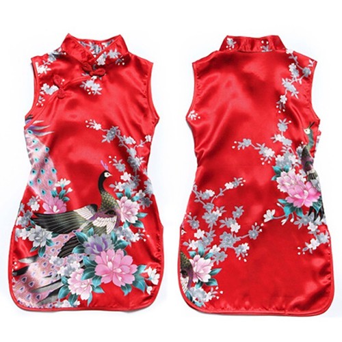 Lovely Chinese Traditional Style Peacock Cheongsam Silk Dress For Kids And Girls - Picture 19 of 33
