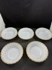 5 Anchor Hocking White Shell Gold Trim Berry Dishes