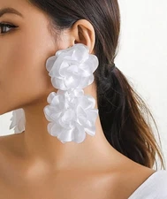 White Flower Earrings Long Vintage Style Dangle Bold Statement Large Big