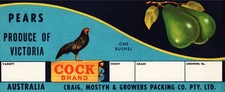 COCK BRAND - PEARS Original Fruit Crate Label  Victoria, Australia