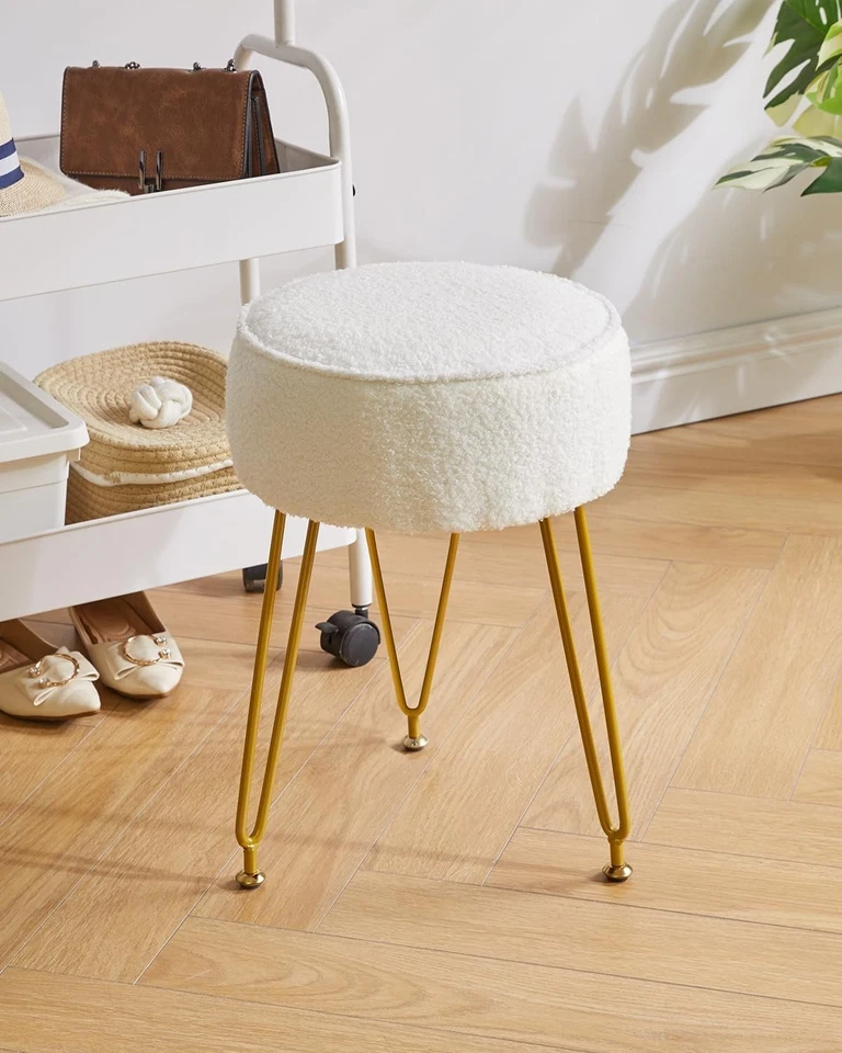 Creamy-White Velvet Round Footrest Ottoman – Vanity Stool with Steel Legs - Image 2 of 4