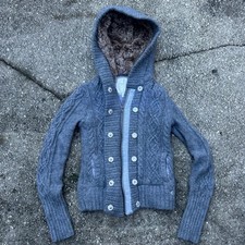 American Eagle Gray Cable Knit Bella Swan Hooded Zip Up faux fur Sweatr Jacket S