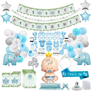 teal and gray elephant baby shower decorations