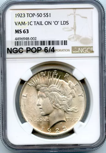 C9453- 1923 VAM-1C TAIL ON "O" LDS TOP 50 PEACE DOLLAR NGC MS63 - NGC POP 6/4