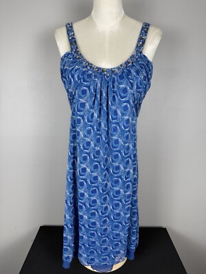 Intuitions Blue Silk Dress Beaded Sheer Y2K Boho Whimsical Romantic Flowy Resort