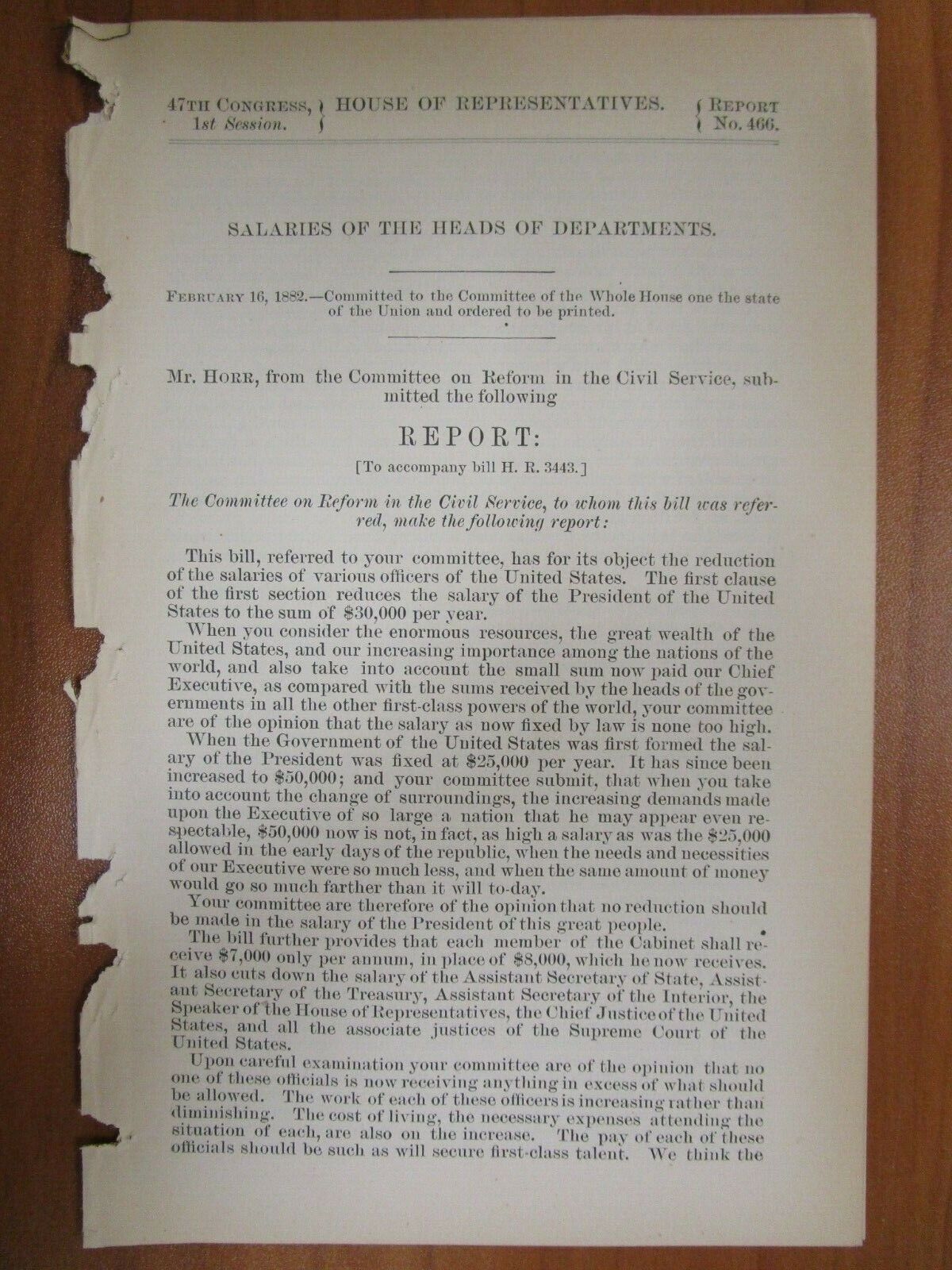 Government Report 2/18/1882 Us Salaries President Chief Executive Money Payment