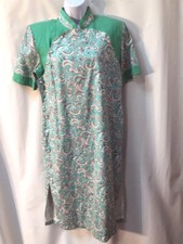 VTG 60s Aqua paisley linen chinese cheongsam - inspired dress pearl buttons M