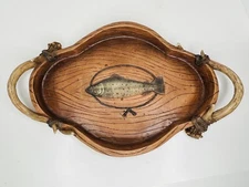 Oval Tray Fish Trout w/Antler Handles Resin? Heavy Cabin Decor *Has 1 Break