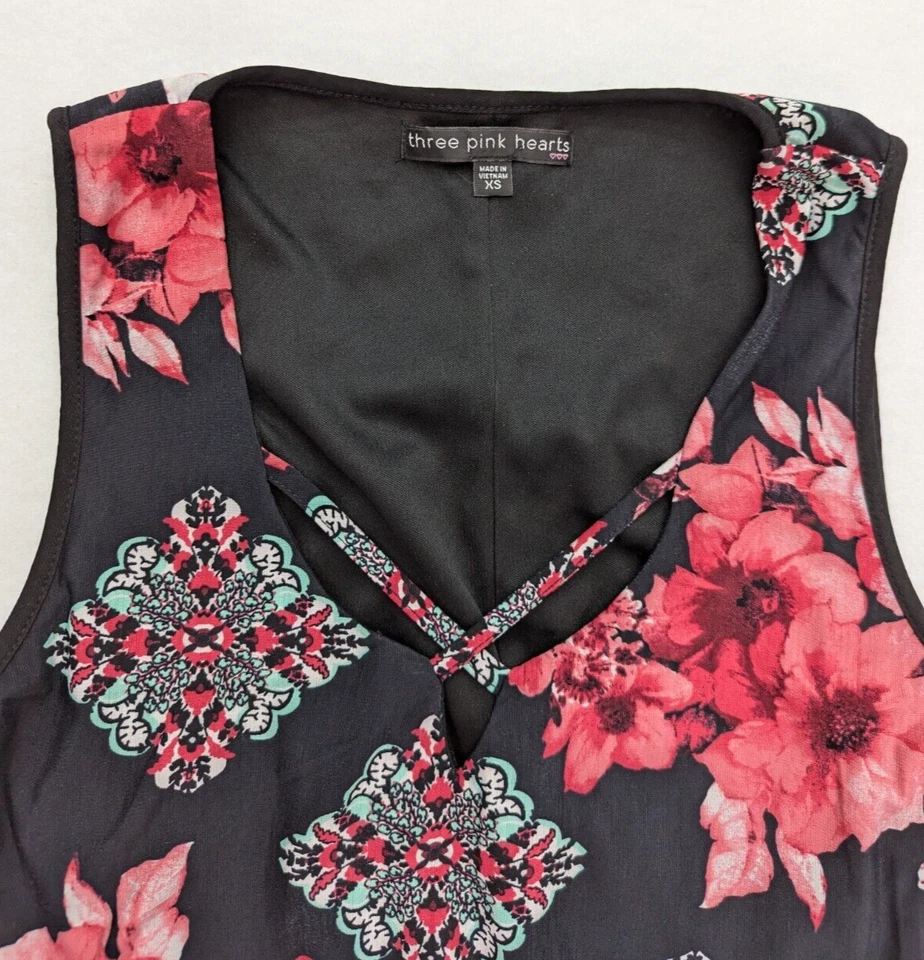 Maxi Vestido Para Mujer Three Pink Hearts Talla XS Negro Rosa Estampado Floral Foto 3 de 4