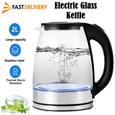 1800W Electric Kettle 2L Glass Fast Boil 360 Blue LED Illuminated