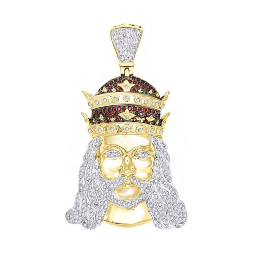 2.19 Ct Jesus Head Pendant Necklace Ruby & Simulated Diamond 14K Gold Plated - Picture 2 of 6