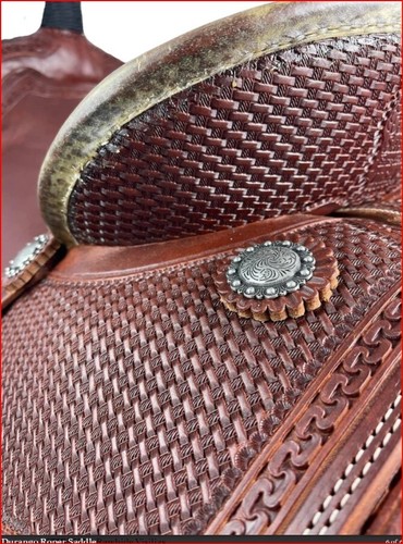 SELLA PESANTE WESTERN ROPPING PELLE MARRONE SCURO CON GONNA LUNGA QUADRATA 15" 16" - Foto 3 di 4