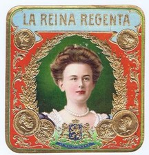 Etiqueta de cigarro exterior original La Reina Regenta joven reina Guillermina Países Bajos