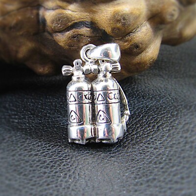 Solid 925 Sterling Silver Twin Scuba Diver Diving Air Tanks Pendant Ocean Charm