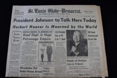 HERBERT HOOVER DEATH OCTOBER 21ST, 1964 ST. LOUIS POST DISPATCH SECTION A