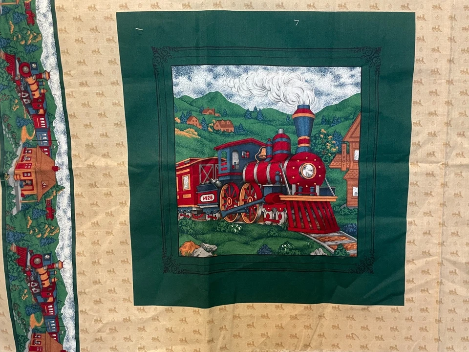 Edredón acolchado de tela de tren vintage panel cuadrado 2 máquina de vapor Cranston VIP Foto 2 de 4