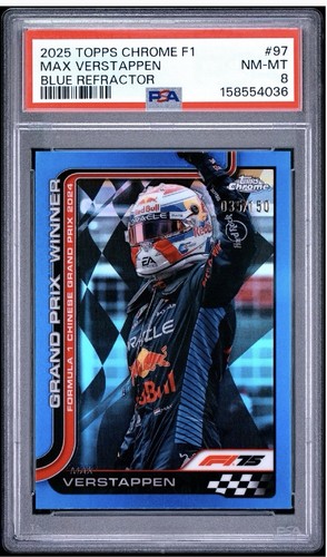 2025 Topps Chrome Formula 1 F1 Max Verstappen #97 Blue /150 PSA 8