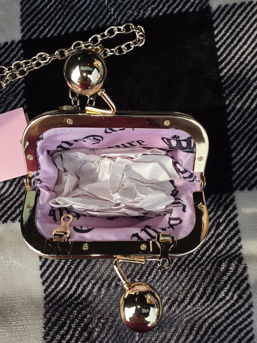 Juicy Couture Beige Logo Jacquard Kiss Lock Coin Purse Gold Chain Heart Charm View 3