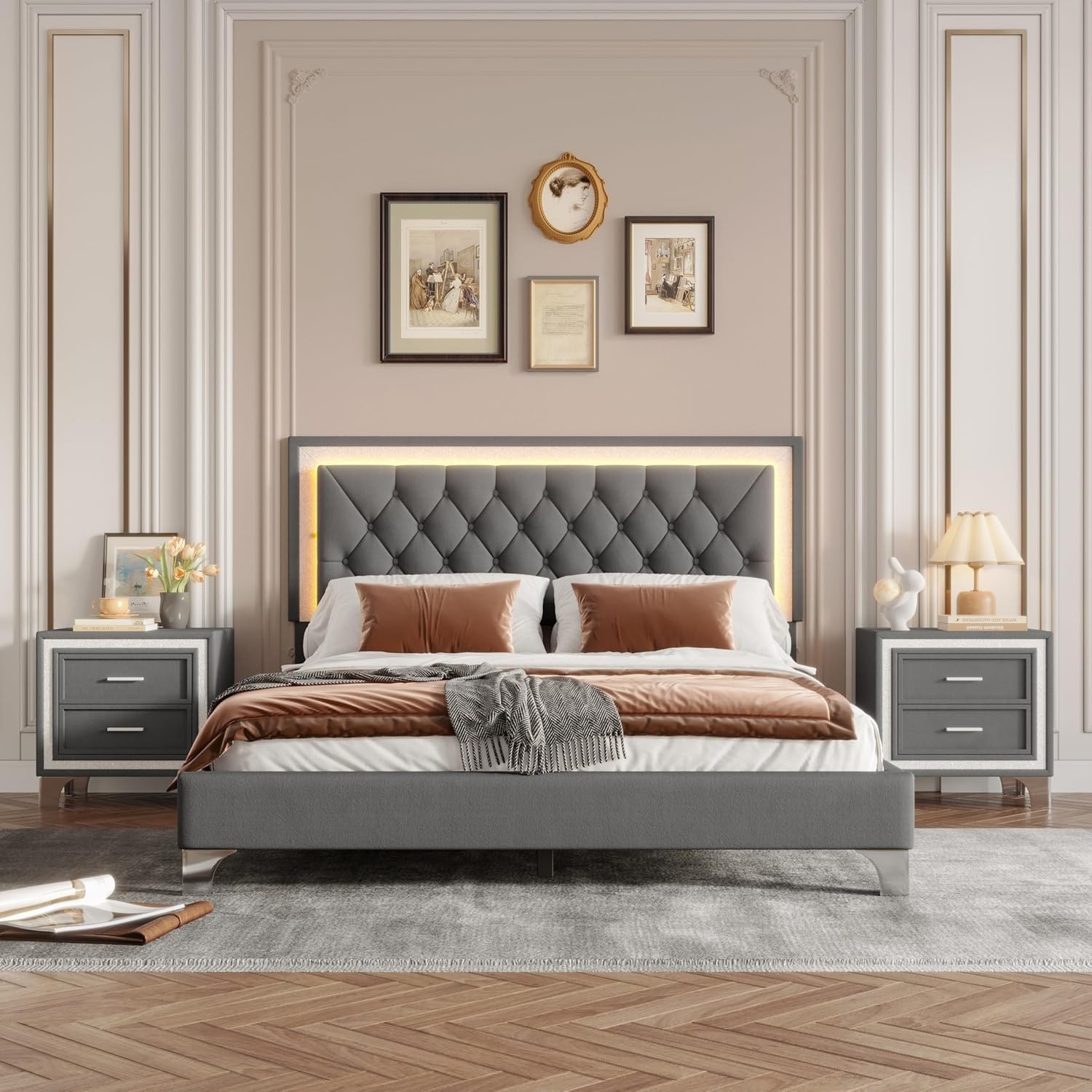 3 PC Modern Bedroom Set Furniture Queen Size Bed Frame with 2 Nightstands LED