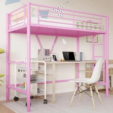 Pink Metal Twin Size Loft Bed With Desk and Ladder For Kids Teen Girl Small Room