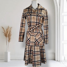 Vintage 70s Pendleton Wool Plaid Skirt Suit Set Belted Jacket Tartan Size 0