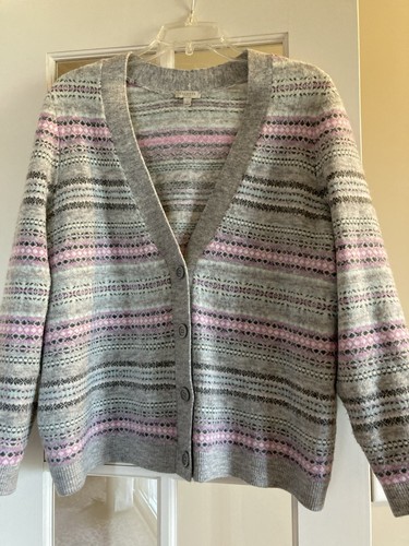LOVELY TALBOTS FAIR ISLE GREY PINK BLUE PASTEL SOFT CARDIGAN SWEATER - X (1X) - Picture 1 of 4