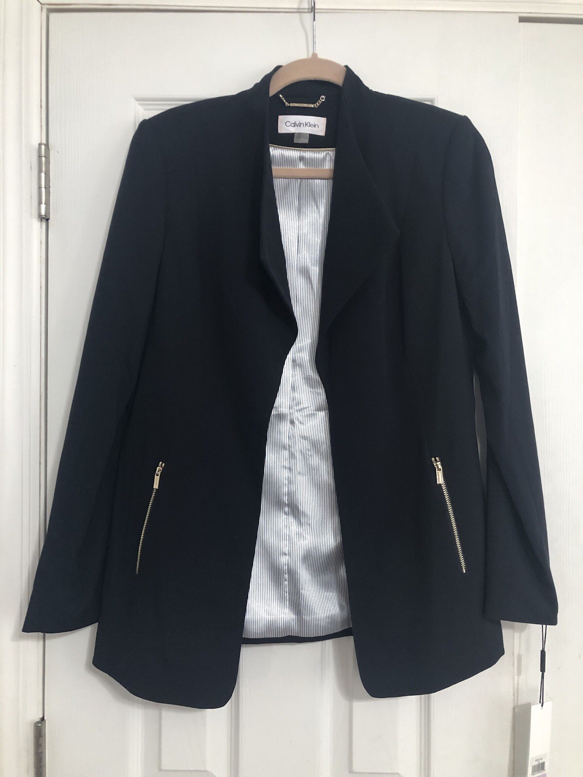 Calvin Klein Navy Blue Open Suit Jacket New Gold Zipper Pockets Size 6 Business