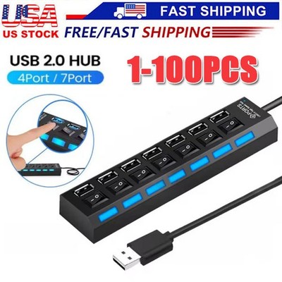 USB Hub 7 Port On/Off Switch High Speed Splitter AC Adapter Cable PC Laptop Lot