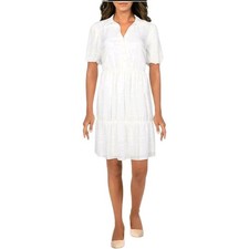 kensie Dresses Womens White Stretch Textured Ruffled Sheer Lined Button Front...
