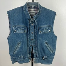 Vintage Sportworks Denim Vest Flannel Lined Warm Snap Front Utility Pockets L