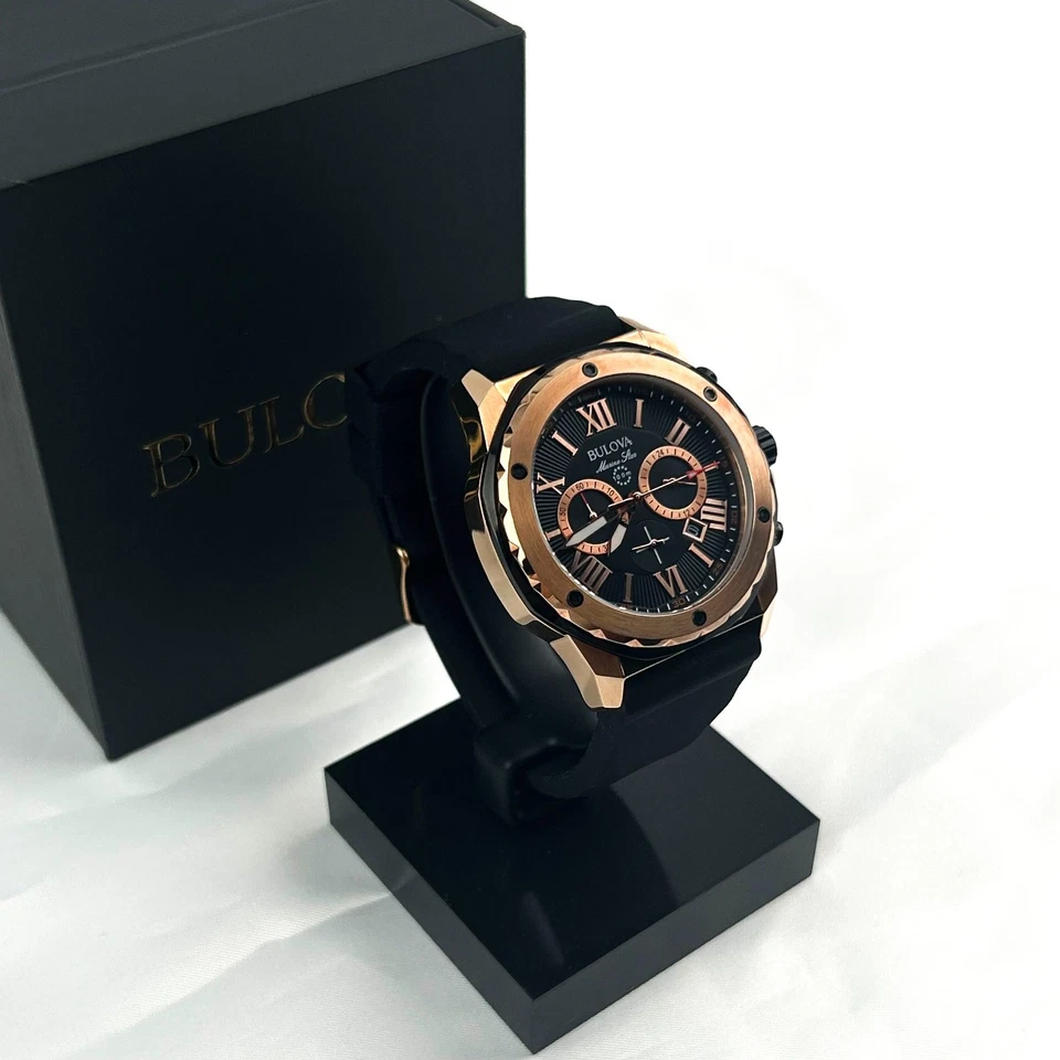 Reloj de cuarzo Bulova Marine Star 98B104 esfera negra correa de silicona 44 mm para hombre Foto 3 de 4