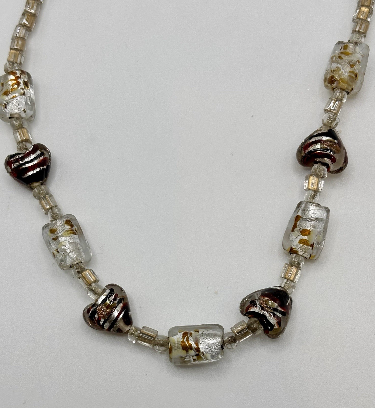 Art Glass Bead Necklace Murano Style 19” clear/beige