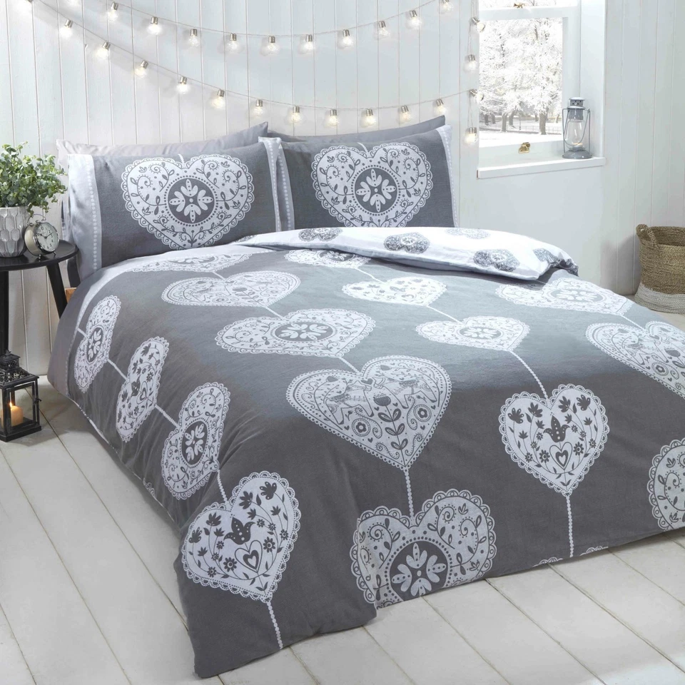 Scandi Heart Brushed Cotton Duvet Quilt Cover Bedding Set Grey