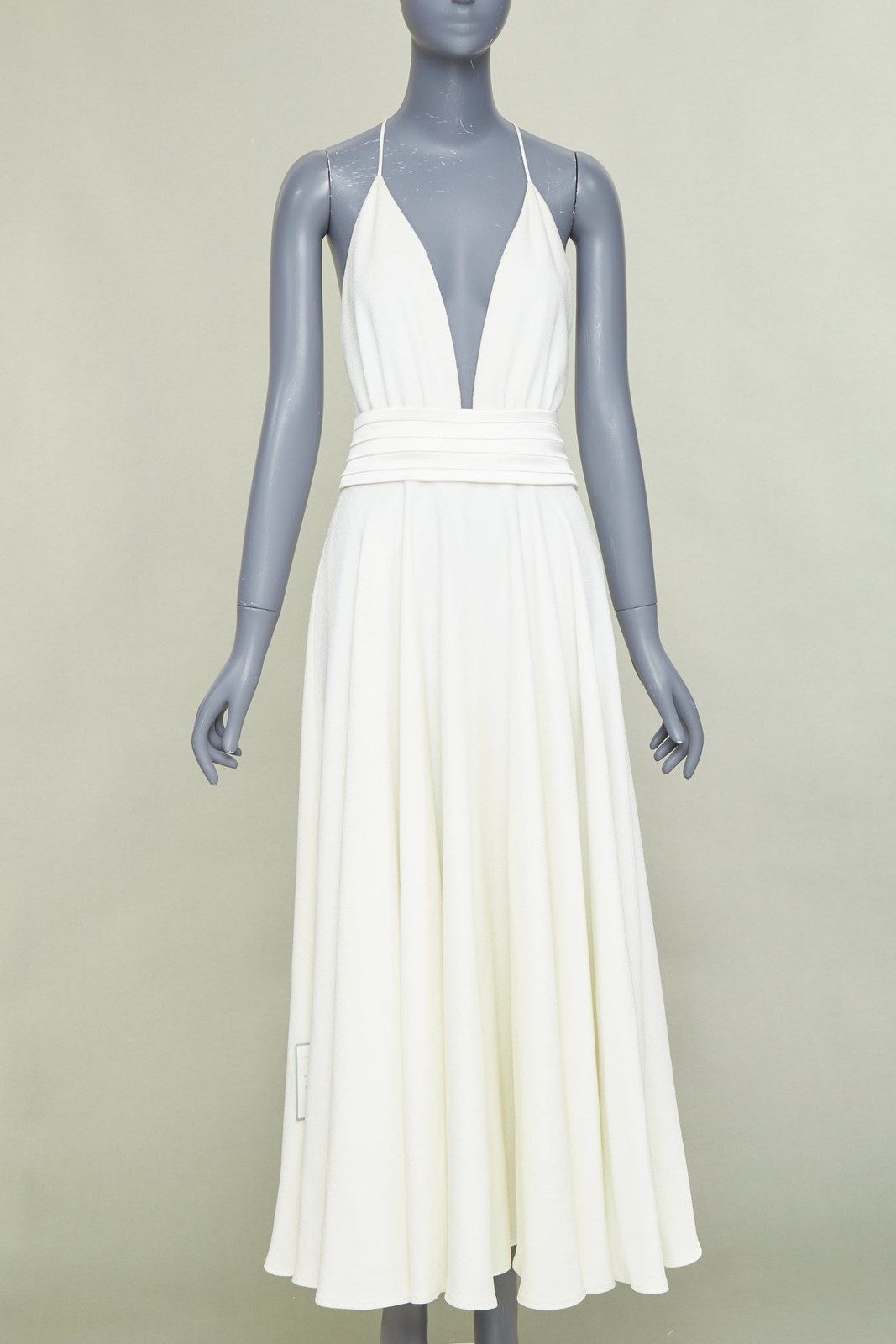 RACIL ivory crepe plunging V-neck halter ruched empire waist midi dress IT38 XS
